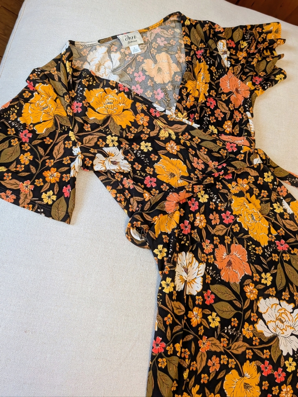 JM Collection Black Floral Wrap Dress with Orange, White & Pink Blooms